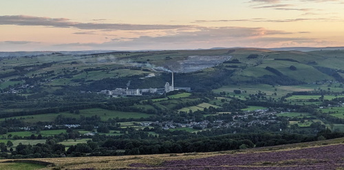 An image showing a view of the works. The is zoomed out, centred on the works with points at Win Hill and Brough Lane both showing images of the works from those sites.